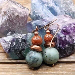 African Turquoise, Goldstone and Copper Drop Earrings